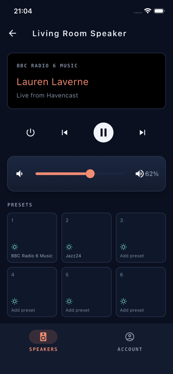 The Havencast app controlling a speaker: BBC Radio 6 Music playing, volume at 62 per cent, and a grid of six presets.